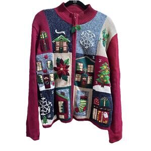 Vintage Ms. Lee Christmas Cardigan Patchwork Embellished Size M Teacher Grandma